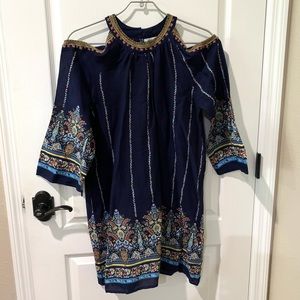 Anthropologie Meghan Los Angeles Off Shoulder Dress in Blue and Gold Lg